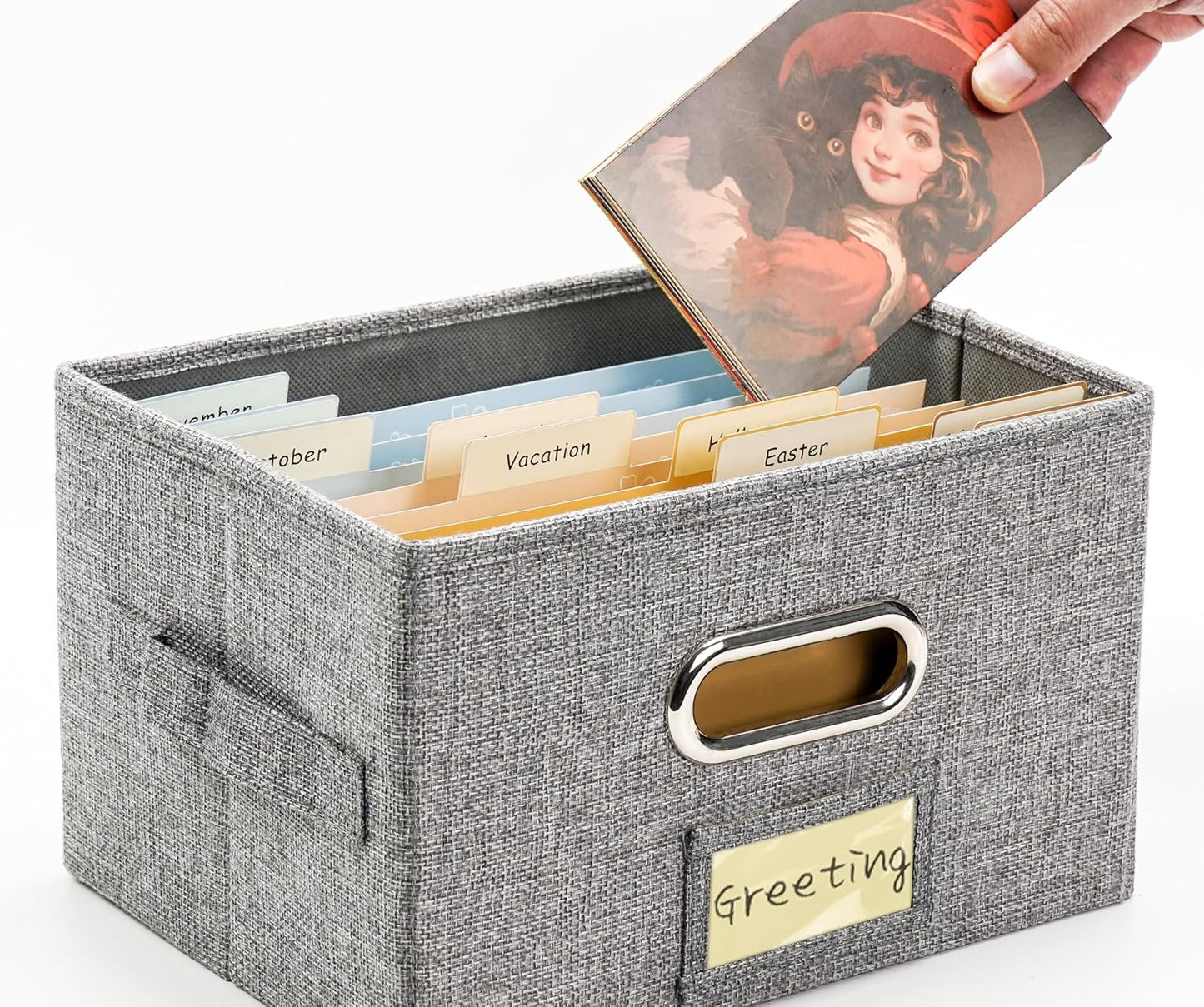 Greeting Card Organizer and Storage Box with 20 Pcs Adjustable Dividers, Storing Cards with 84 Pcs Labels Perfect for Storing Greeting Cards, Envelopes, Photos 2 Pack Grey