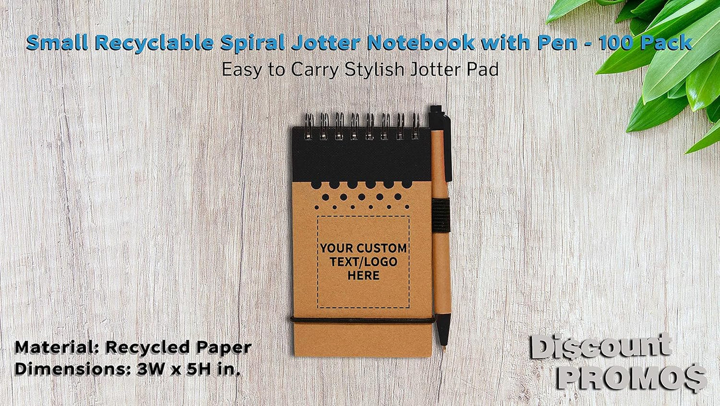 DISCOUNT PROMOS 100 Recyclable Spiral Small Notebooks Pack - Customizable Text, Logo - 60 Lined Pages - Black
