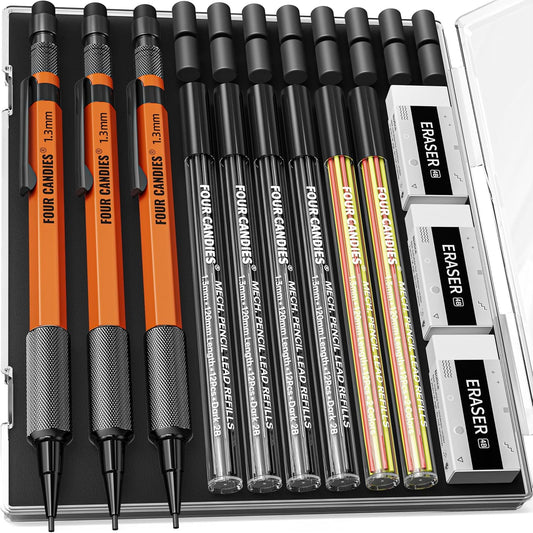 Four Candies 3PCS 1.3mm Mechanical Pencil Set with Case, Metal Heavy Duty Carpenter Pencils with 72 Refill(Red,Black,Yellow) 3Eraser, 16Eraser Refill, Weatherproof Body Outdoor Woodworking Marking