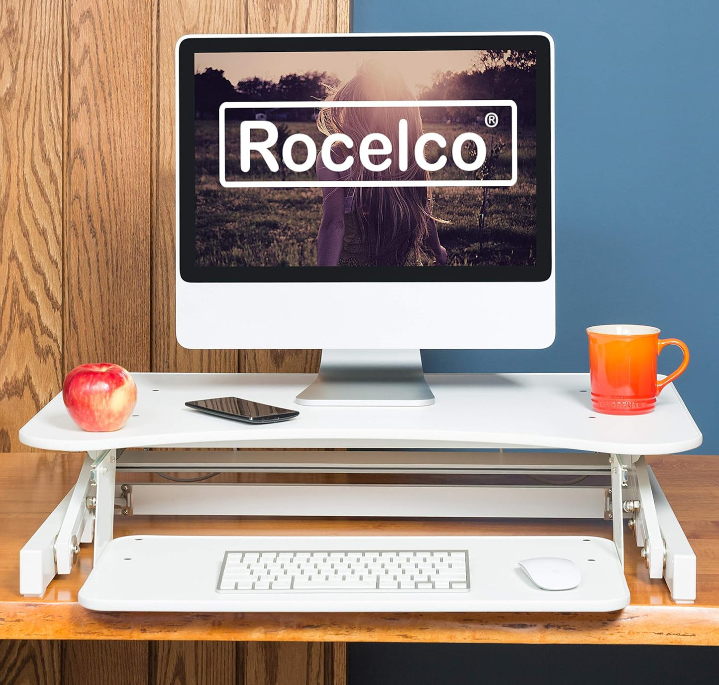 Rocelco 32" Height Adjustable Standing Desk Converter - Quick Sit Stand Up Dual Monitor Riser - Gas Spring Assist Tabletop Computer Workstation - Large Retractable Keyboard Tray - White (R ADRW)