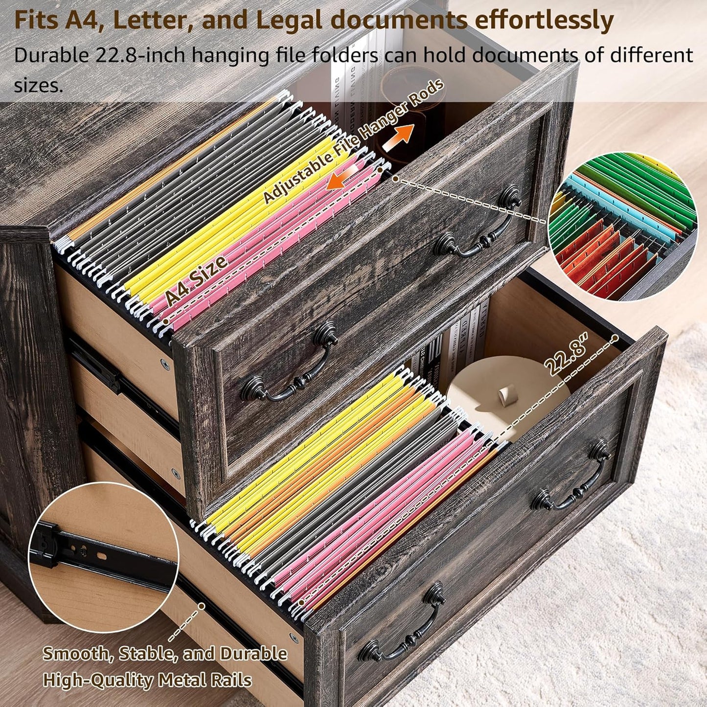 T4TREAM 2 Drawer File Cabinet Set of 2, 30" Wide Wooden Extended Desktop, Farmhouse Filing Cabinet with Smooth Rails, Holds Letter/Legal/A4, Hexagonal Design & Framed Drawer Fronts, Reclaimed Barnwood