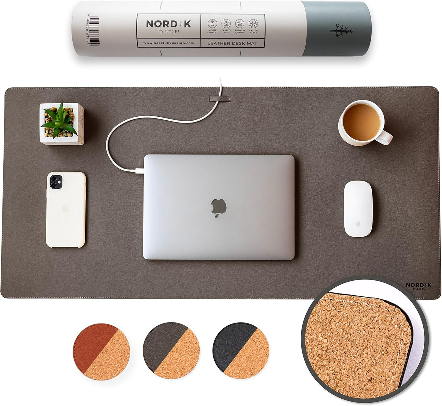 Nordik Cork Leather Desk Mat Cable Organizer - Gunmetal Grey 35 X 17 inch - Premium Extended Mouse Mat for Home Office Accessories - Non-Slip Vegan Leather Desk Pad Protector & Desk Blotter Pad