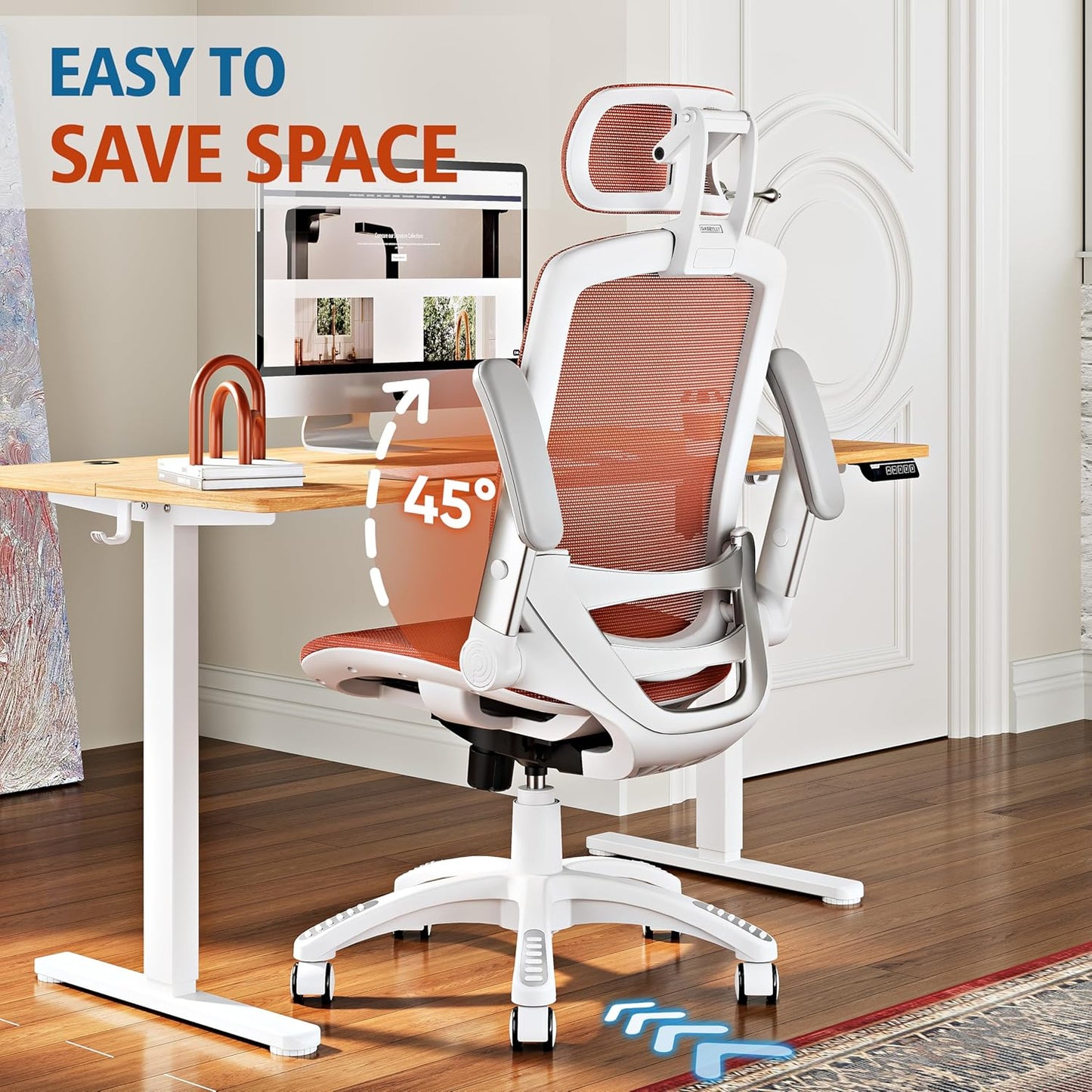 GABRYLLY Ergonomic Office Chair, High Back Home Desk Chair with Headrest, Flip-Up Arms, 90-120° Tilt Lock and Wide Cushion, 400LBS Mesh Chairs for Man Woman, White Task Chair(Orange,GY01WOR)