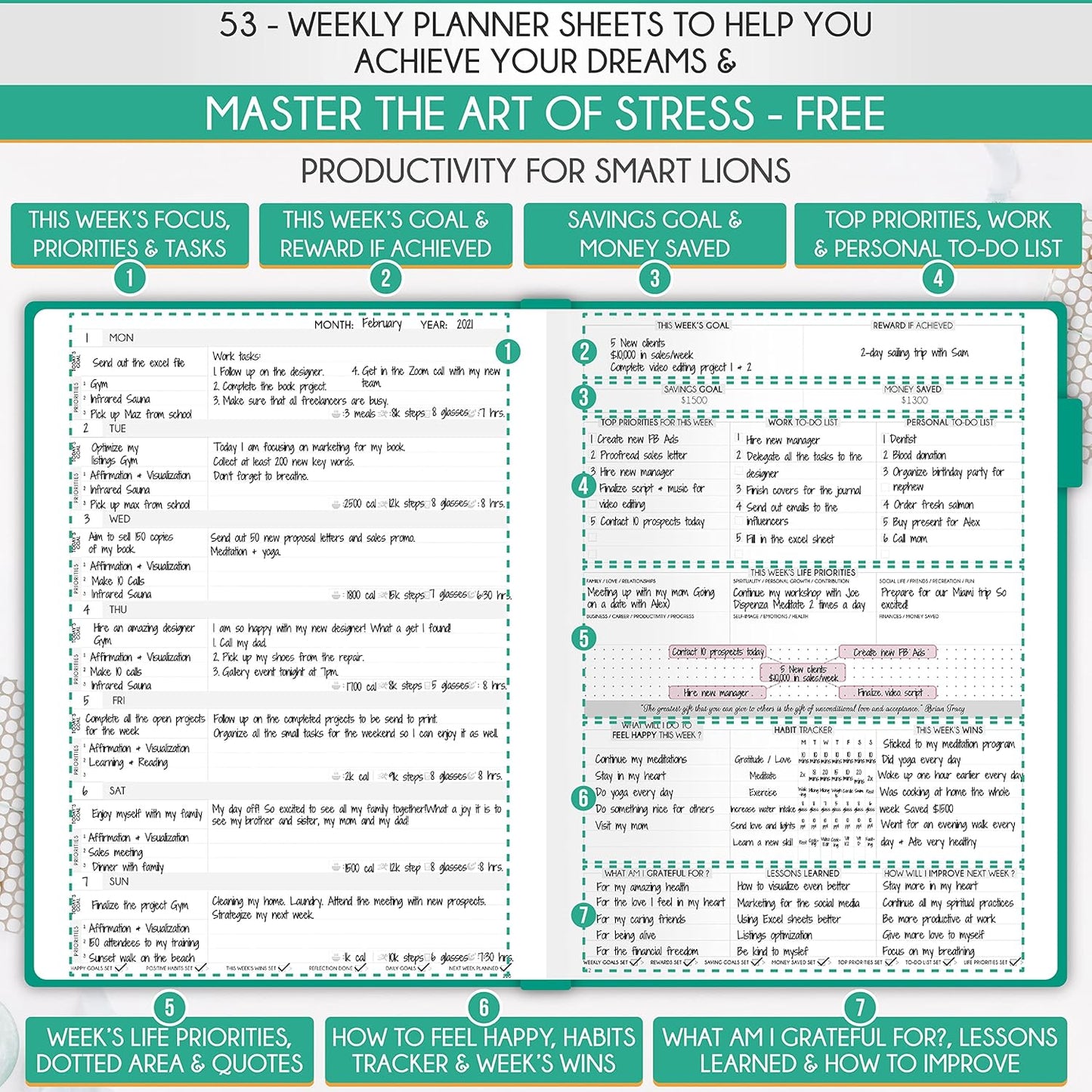 Life Planner - Undated Daily, Weekly & Monthly Planner with Budget Section | A 12 Month Journey to Increase Productivity & Happiness | Life Organizer & Gratitude Journal - Horizontal Format