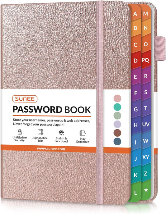 SUNEE Password Keeper Book with Colorful Alphabetical Tabs, Small Pocket Password Book for Internet Website Address Login, Gifts for Home and Office, 4''x 6''- Rose Gold