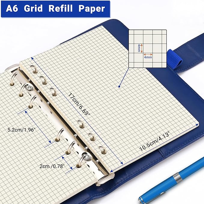A6 Grid-Ruled Refill Paper, 100gsm Thick Beige No-Bleed Sheets (80-Pack), Pre-Punched – Fits A6 6-Ring Binders for Office, School & Teachers