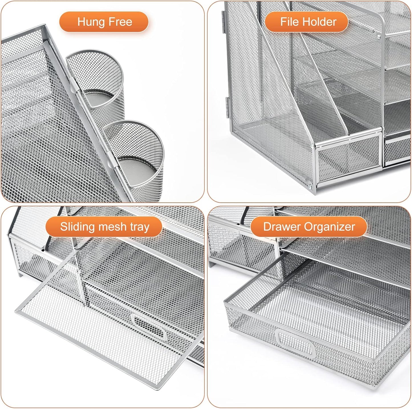 Marbrasse Desk Organizer with File Holder, 5-Tier Paper Letter Tray Organizer with Drawer and 2 Pen Holder, Mesh Desktop Organizer and Storage with Magazine Holder for Office Supplies (Silver)