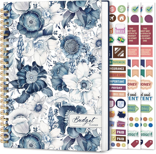 Aesthetic Budget Planner - Monthly Finance Planner with Expense Tracker, Undated Bill Organizer, Budget Notebook to Manage Your Finances, Account Budget Book with Colorful Pattern - Blue Floral