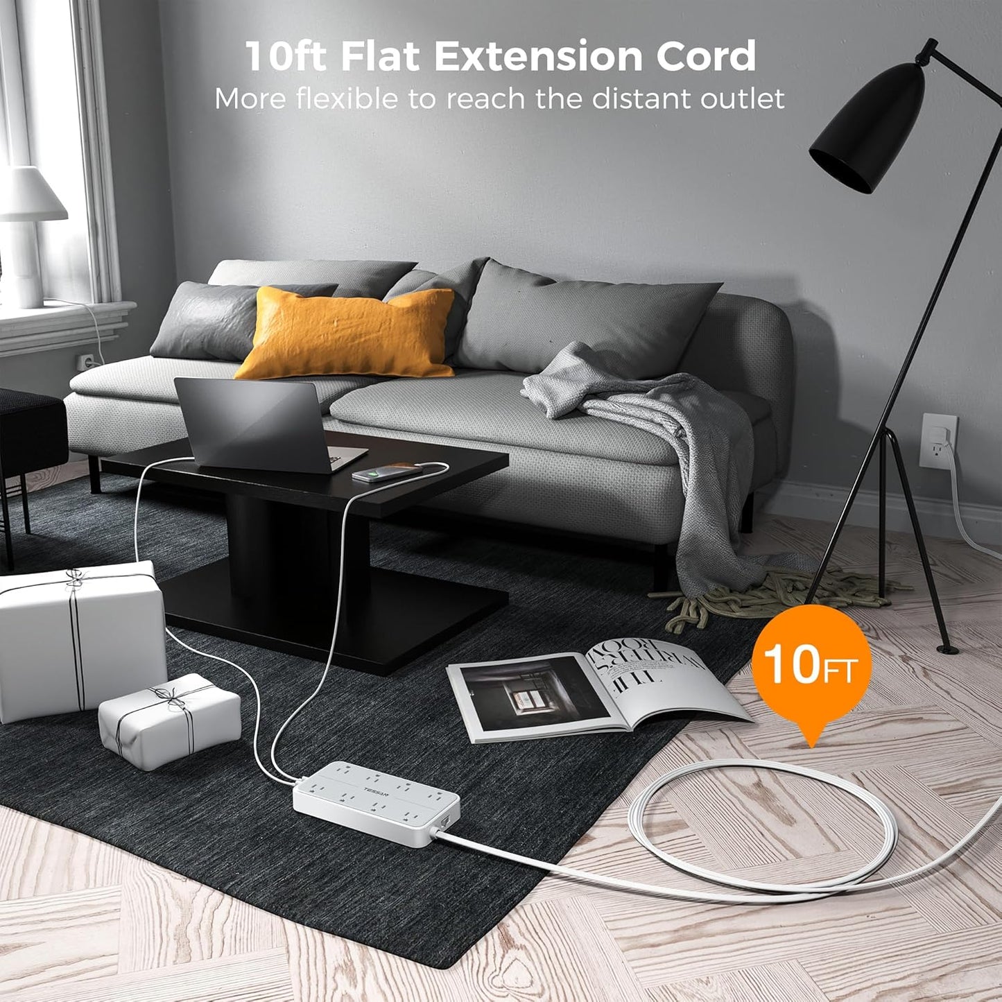 Power Strip Surge Protector 10 FT, TESSAN Flat Plug Extension Cord with 8 Outlets 3 USB Ports(1 USB C), 1080Joules Wall Mountable Multi Port Charging Station for Home Office Dorm Room Essentials