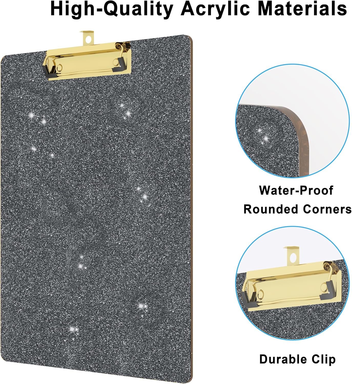 Glitter Acrylic Clipboard Decorative Standard A4 Letter Size 12.2" x 8.7", Fashion Bling Clip Boards with Designed Low Profile Gold Clip for Classroom Office - Black