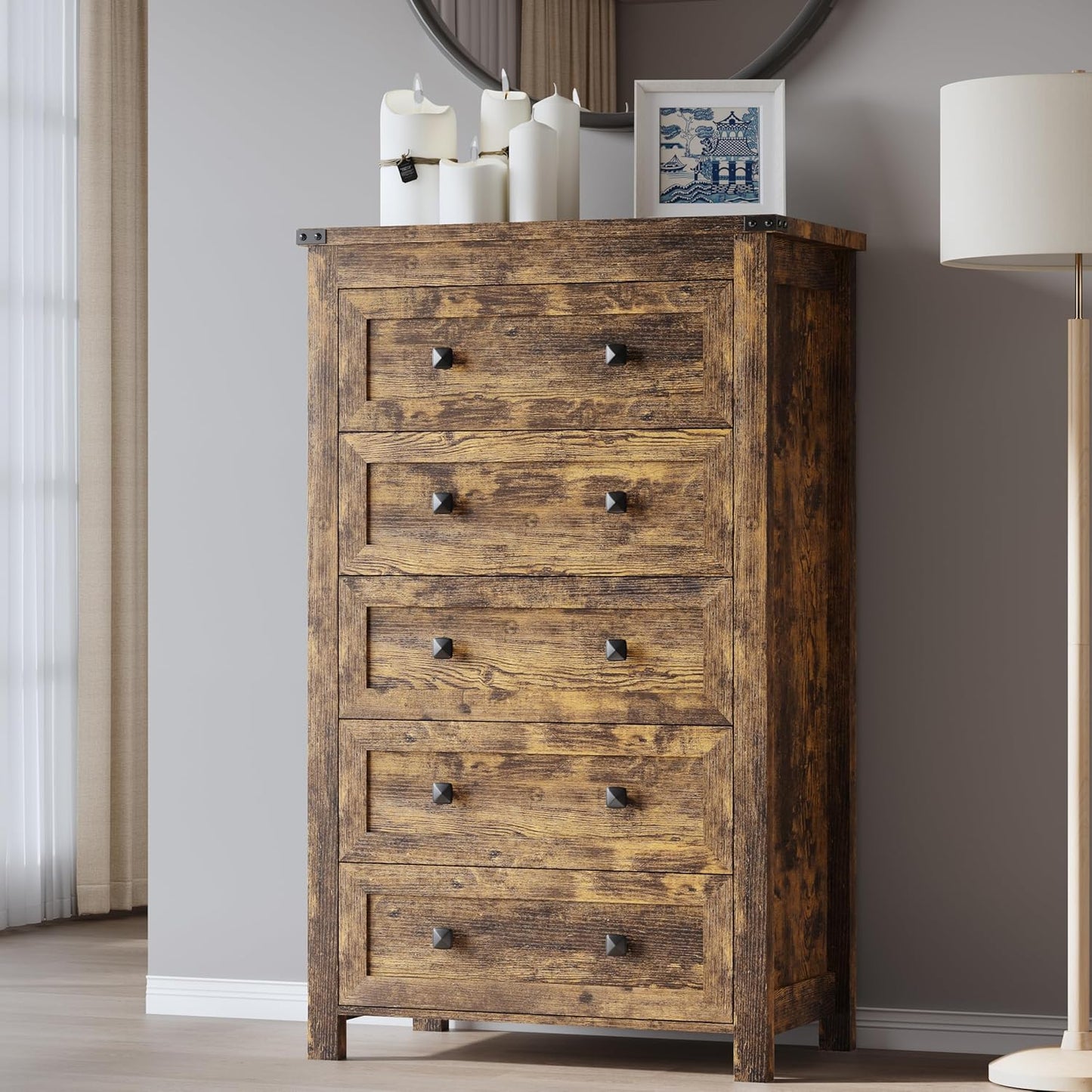 Tall 5-Drawer Dresser, Modern Wooden Storage Chest of Drawers, Dresser TV Stand, Wood Drawer Organizer with Metal Handles for Bedroom, Living Room, Hallway