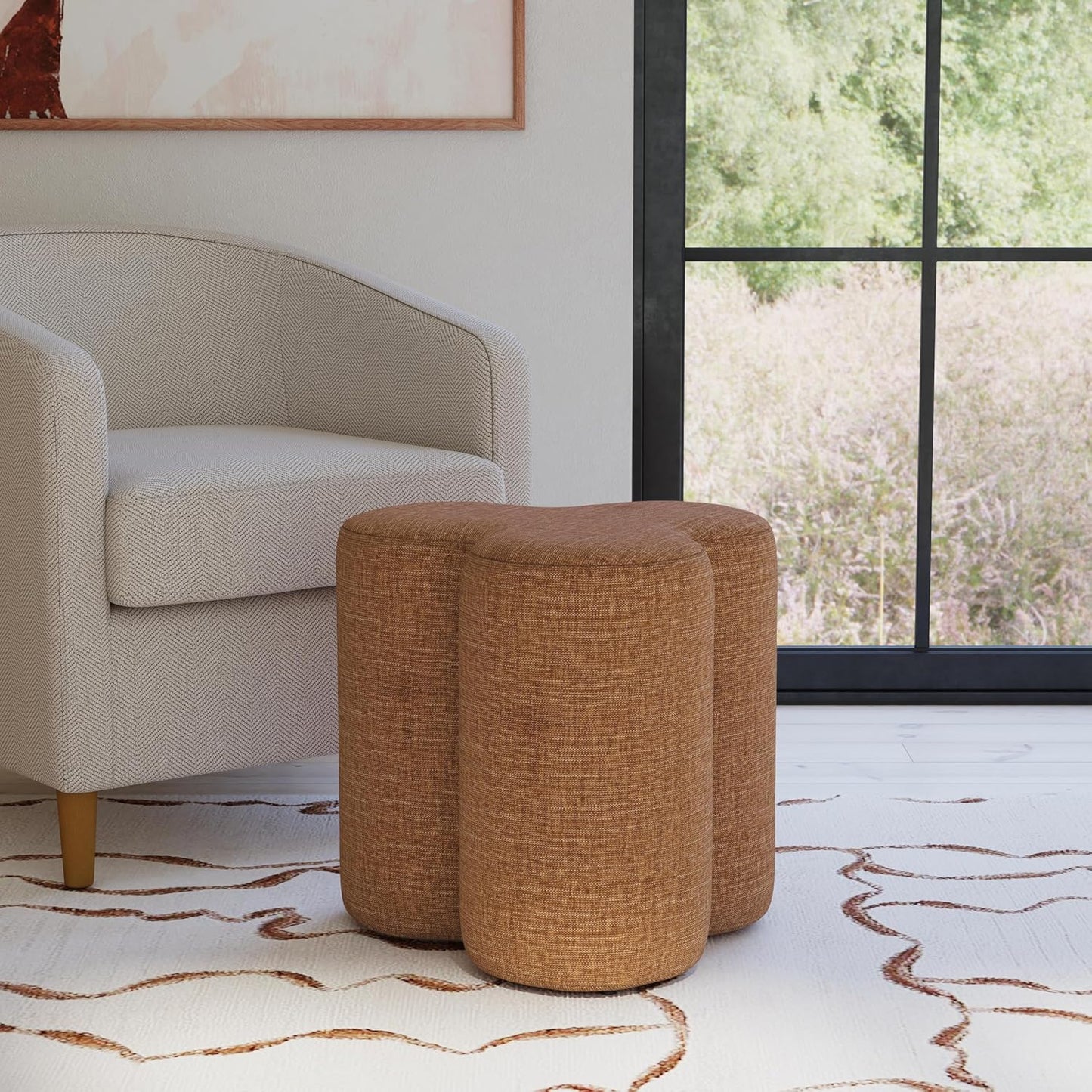 HomePop Upholstered Clover Shaped Ottoman Home Décor|Foot Rest Ottoman - Rust Orange Chenille