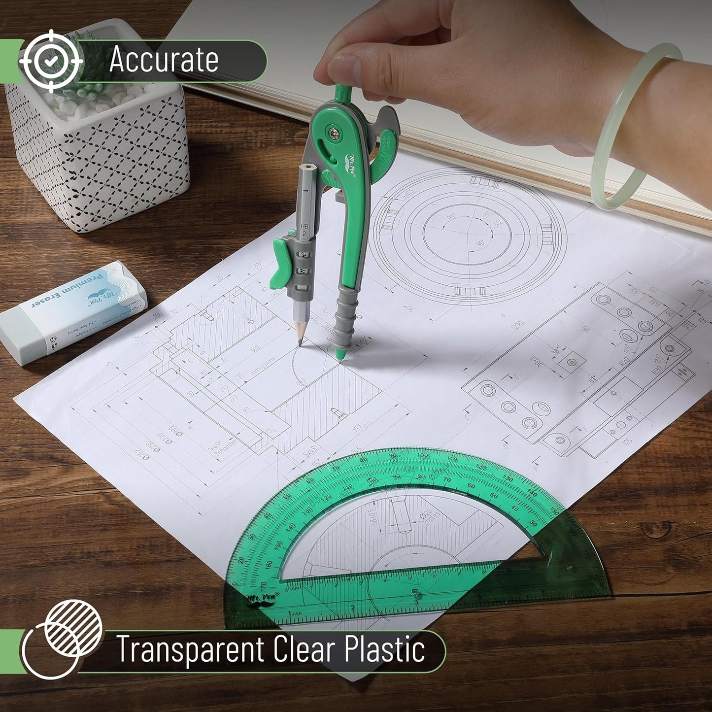 Mr. Pen- Compass and Protractor Set, Lush Garden Green, Compass Geometry Tool, Protractor and Compass Set, Compass Drawing Tool, Drawing Compass, Geometry Compass, Math Compass for Geometry