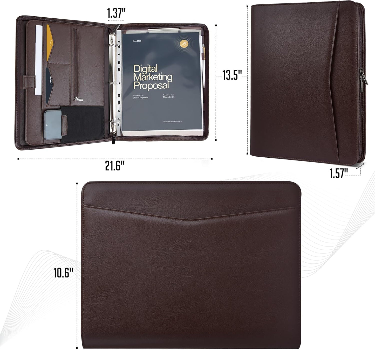 STYLIO Zipper Portfolio | Padfolio 3 Ring Binder and Clipboard Folio (Removable) | Portfolio Organizer for Documents, Tablet, Phone |Faux Leather Binder for Men and Women | Walnut (Brown) Color