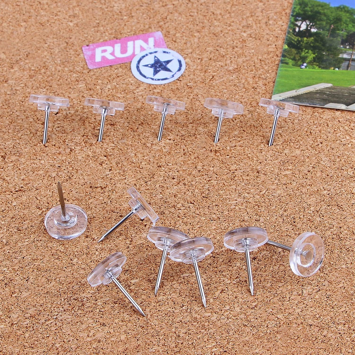 Push Pins 200-count Flat Clear Thumb Tacks Steel Point and Plastic Head for Corkboard and Wooden Photo Wall
