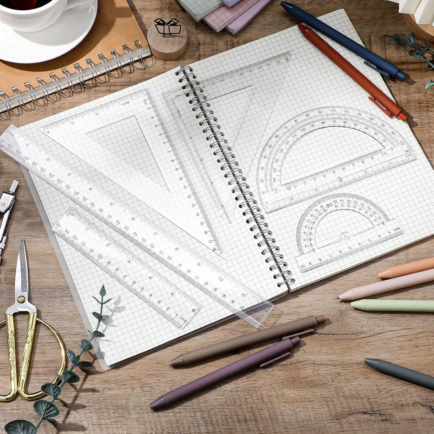 Tenare 6 Pcs Plastic Ruler Math Set Includes 12 Inch 6 Inch Straight Protractor Triangle Geometry Transparent Math Ruler Measuring Tools for School Office Home(Clear)