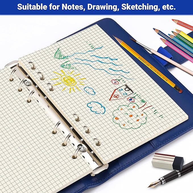 A6 Grid-Ruled Refill Paper, 100gsm Thick Beige No-Bleed Sheets (2 Packs, 80 Sheets Each), Pre-Punched – Fits A6 6-Ring Binders for Office, School & Teachers