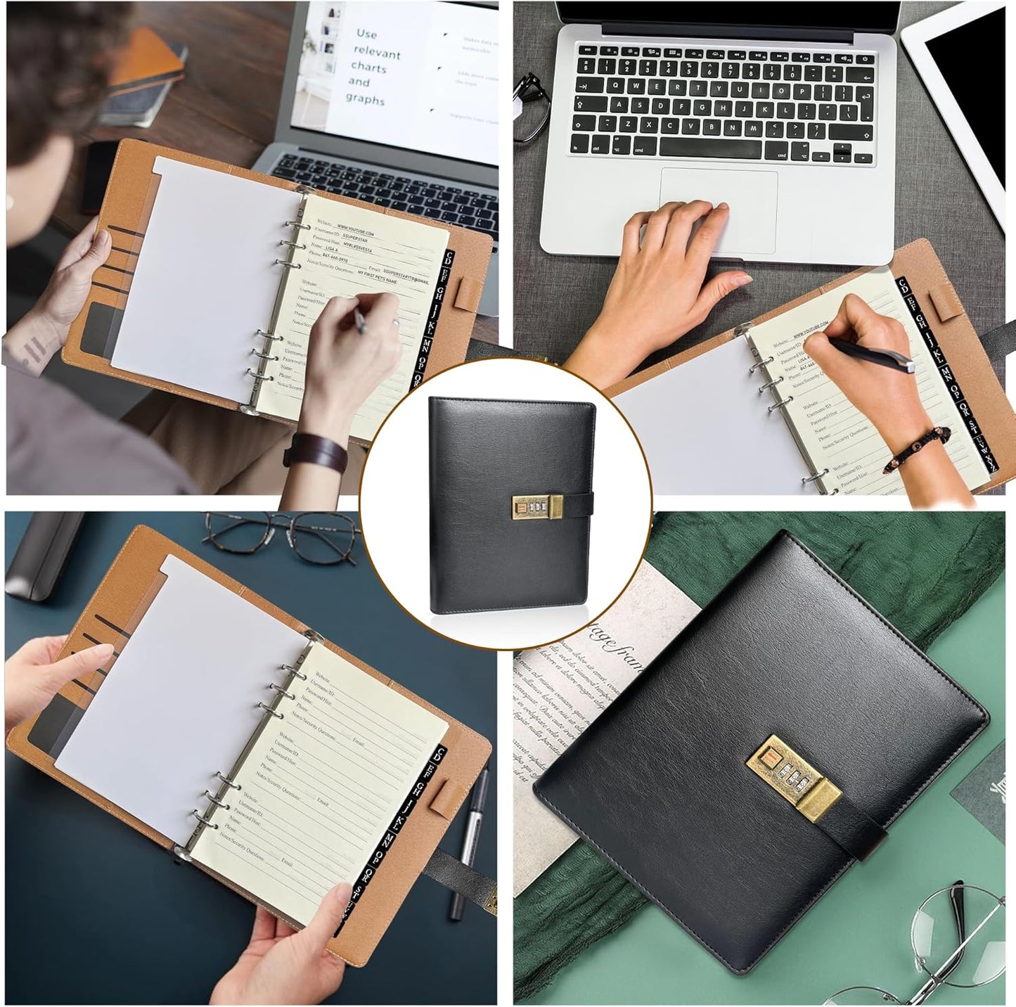 BTSFTOGET Lockable Password Book with Alphabetical Tabs, 302 Pages Vintage Black PU Hardcover Internet Address & Password Organizer Logbook, A5 Refillable Pages Large Print 576 Entries, for Seniors