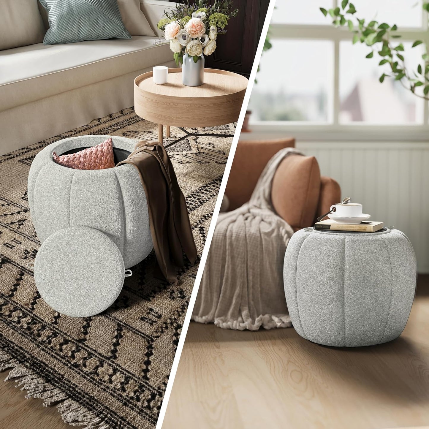 Storage Ottoman, Round Ottoman with Storage, Upholstered Soft Vanity Stool for Living Room, Foot Stool for Bedroom, Entryway (Light Gray)