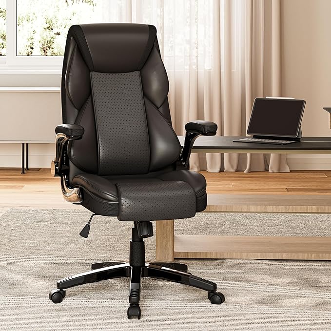 EUREKA ERGONOMIC PU Leather Desk Chair Office Executive Chair, Ergonomic Office Chair Flip Up Arms, High Back Office Chair with Headrest, Home Office Desk Chair with Wheels, Computer Chairs for Adults