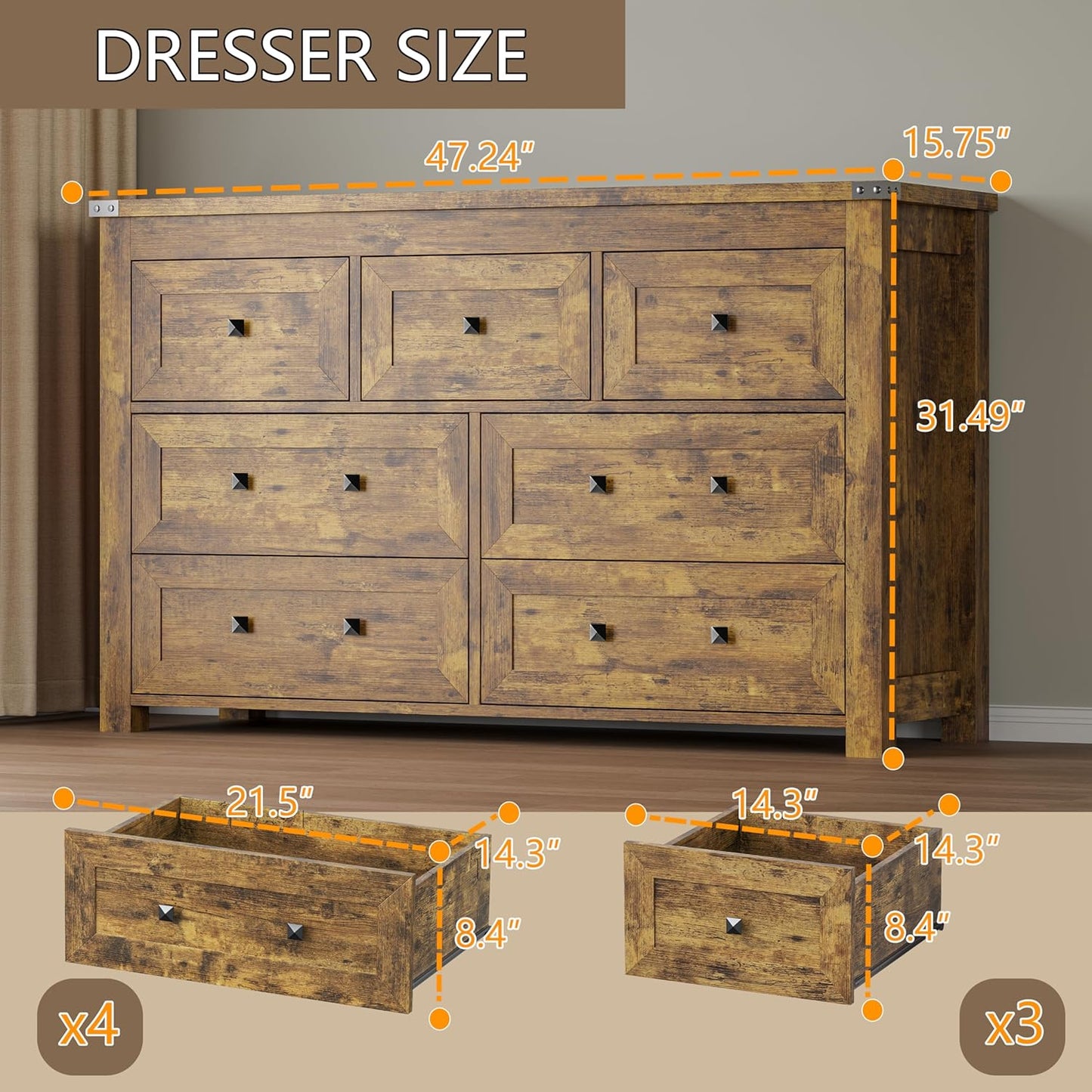 7-Drawer Dresser, Modern Wooden Storage Chest of Drawers, Dresser TV Stand, Wood Drawer Organizer with Metal Handles for Bedroom, Living Room, Hallway