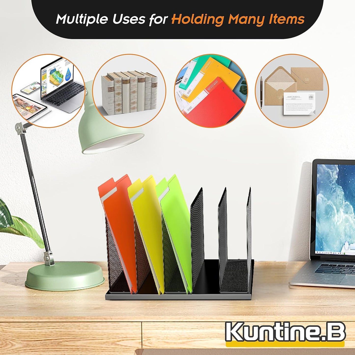 Kuntine.B Desk File Organizer 5 Sections Upright Mesh Desktop Organizer File Sorter Office Organization File Holder for Home, Office & Classroom