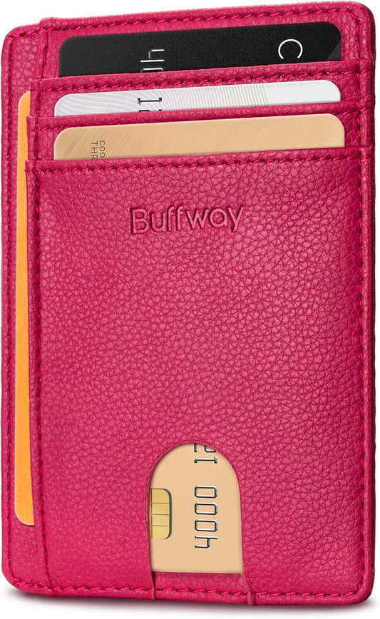 Buffway Slim Minimalist Front Pocket RFID Blocking Leather Wallets for Men and Women - Lichee Red