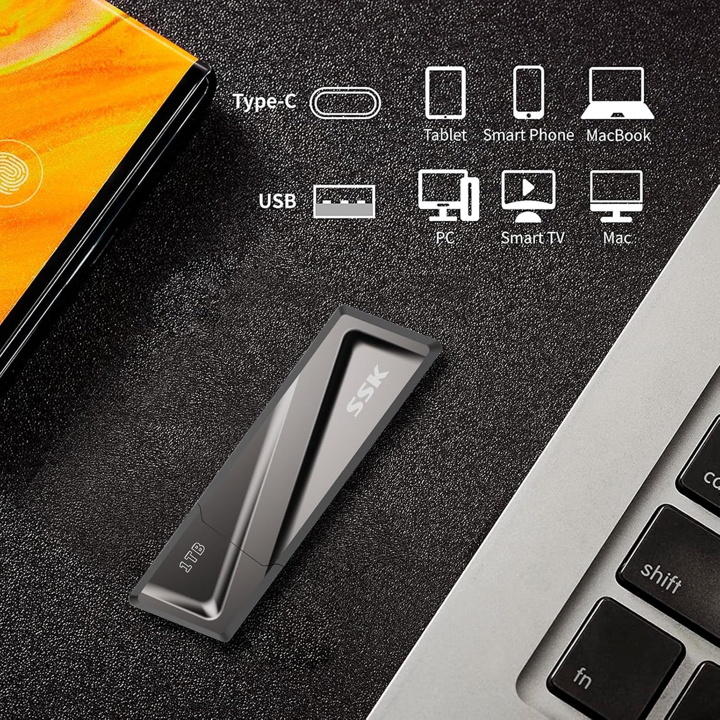 SSK 1TB USB Flash Drive 550MB/s USB3.2 Gen2 SSD Thumb Drive Fast Transfer Speed Externel Solid State Drive with USB C Adapter USB-C Memory Stick for Type-C Smartphone,MacBook/Pro/Air Laptop and More