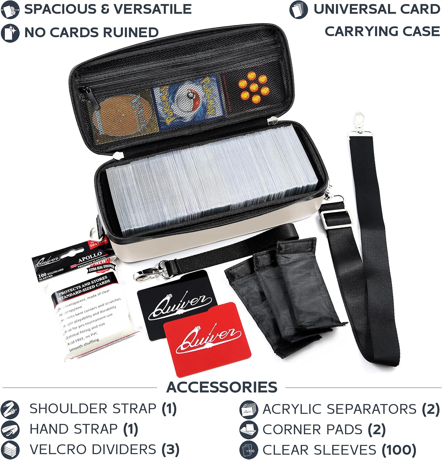 Quiver Time Ivory Bolt Card Carrying Case fits Pokemon Cards and other TCG Games - Storage Bag for Playing/Trading Cards and Deck Box (Straps, Dividers & 100 Apollo Card Sleeves)