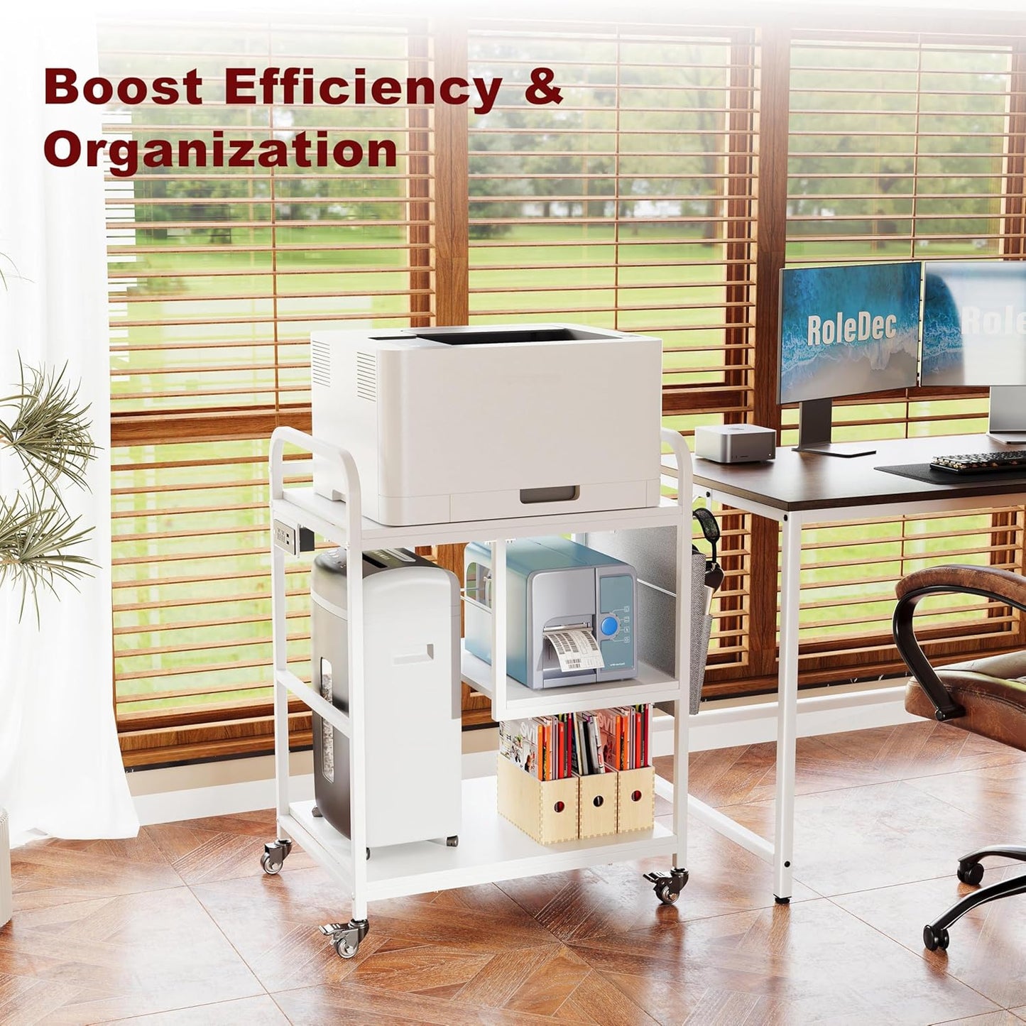 3 Tier Heavy Duty Printer Stand with Storage, Computer Tower Stand with Industrial Wheels & Drawer, Large Mobile Printer Table for Home Office Organization (Pearl White)