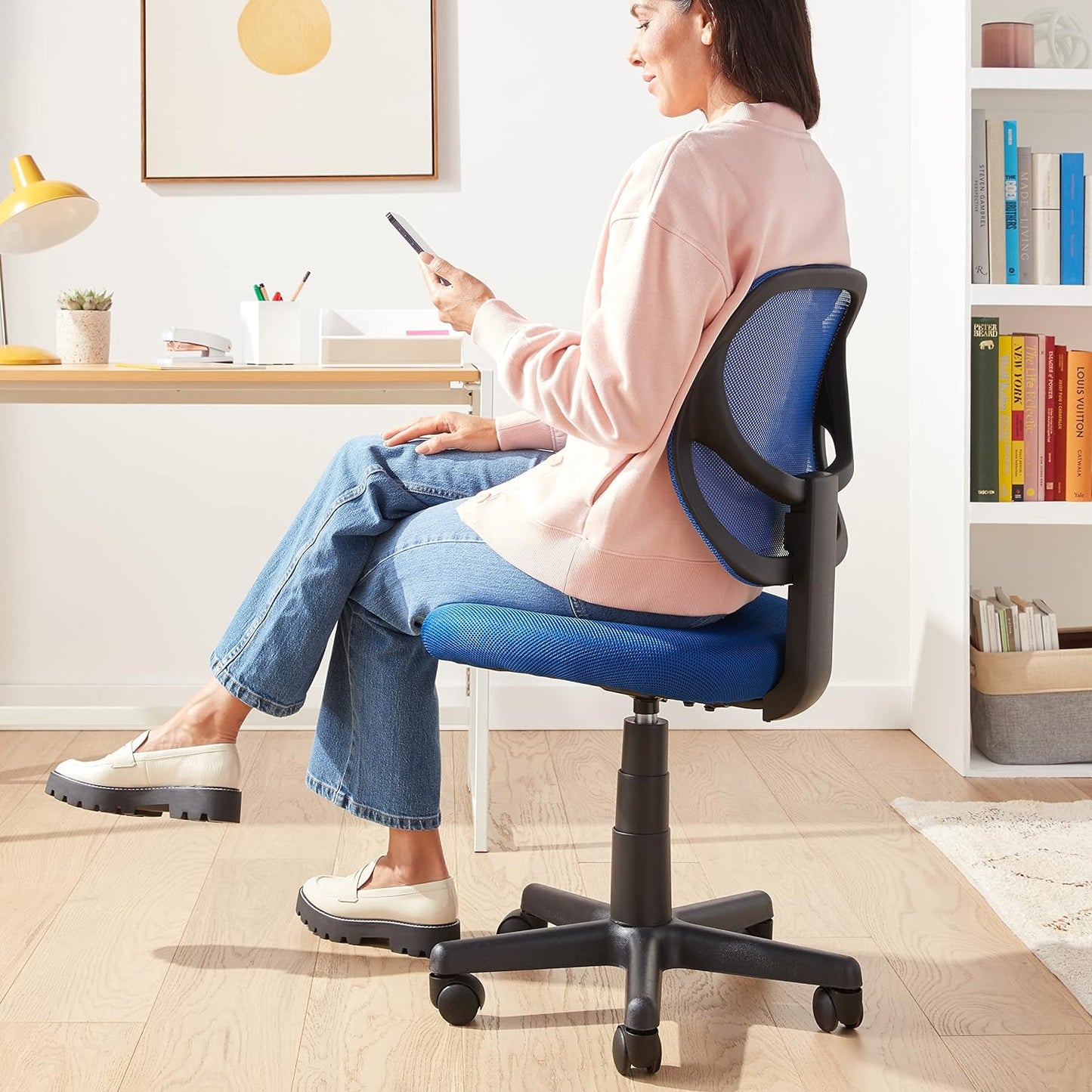 Amazon Basics Rolling Desk Chair, Adjustable, Low Back, Padded Seat, Breathable Mesh, Swivel, Blue, 21.25" D x 22.5" W x 38" H