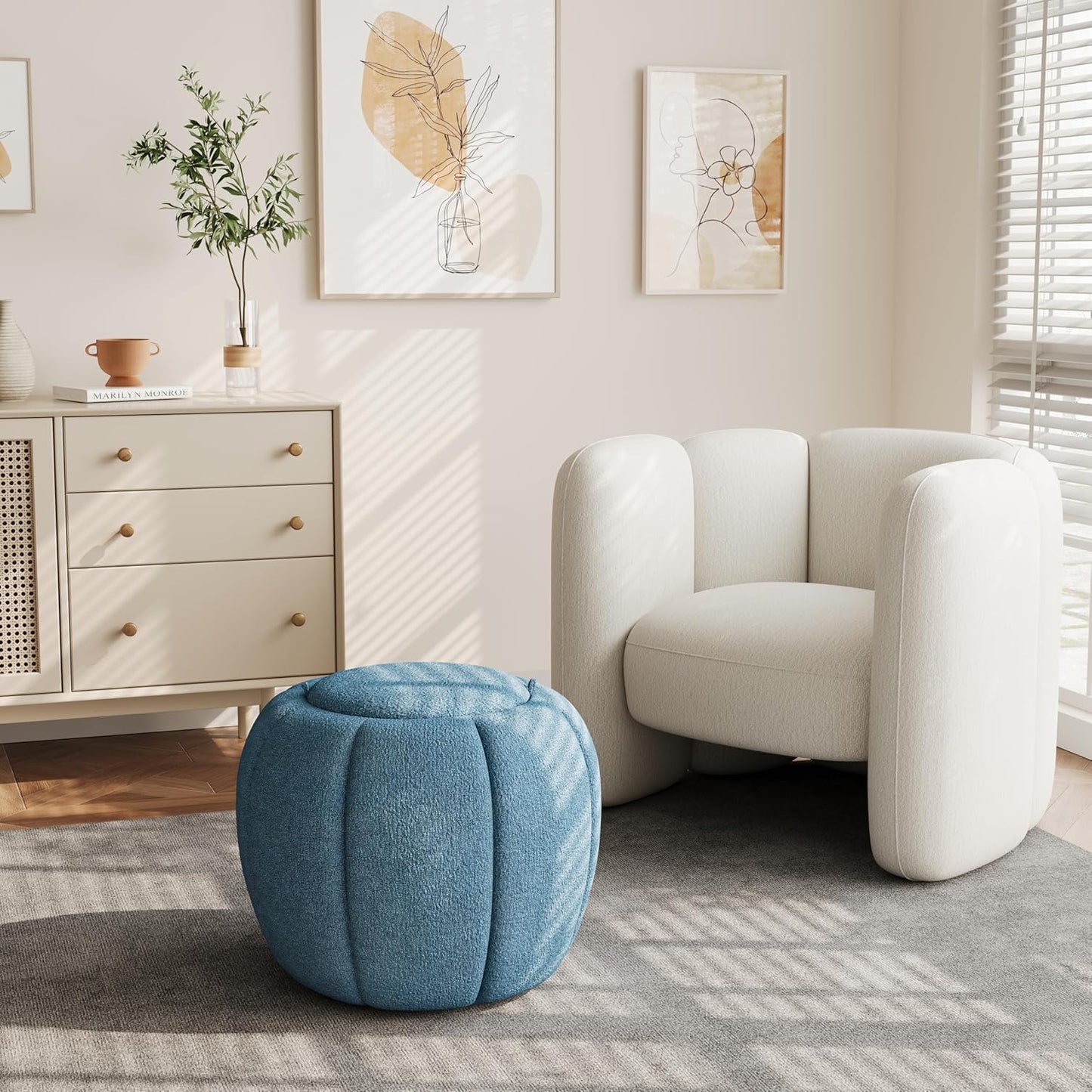 Storage Ottoman, Round Ottoman with Storage, Upholstered Soft Vanity Stool for Living Room, Foot Stool Ottoman for Bedroom, Entryway (Navy Blue)