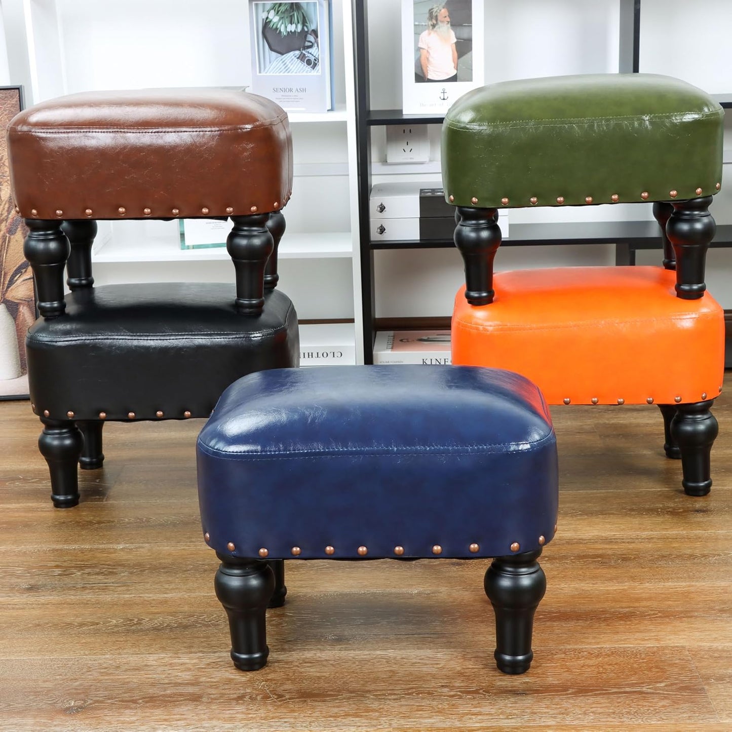 Ottoman Leather Foot Rest with Thicker Foam Padded Seat, Footstool with Wooden Legs (Blue)