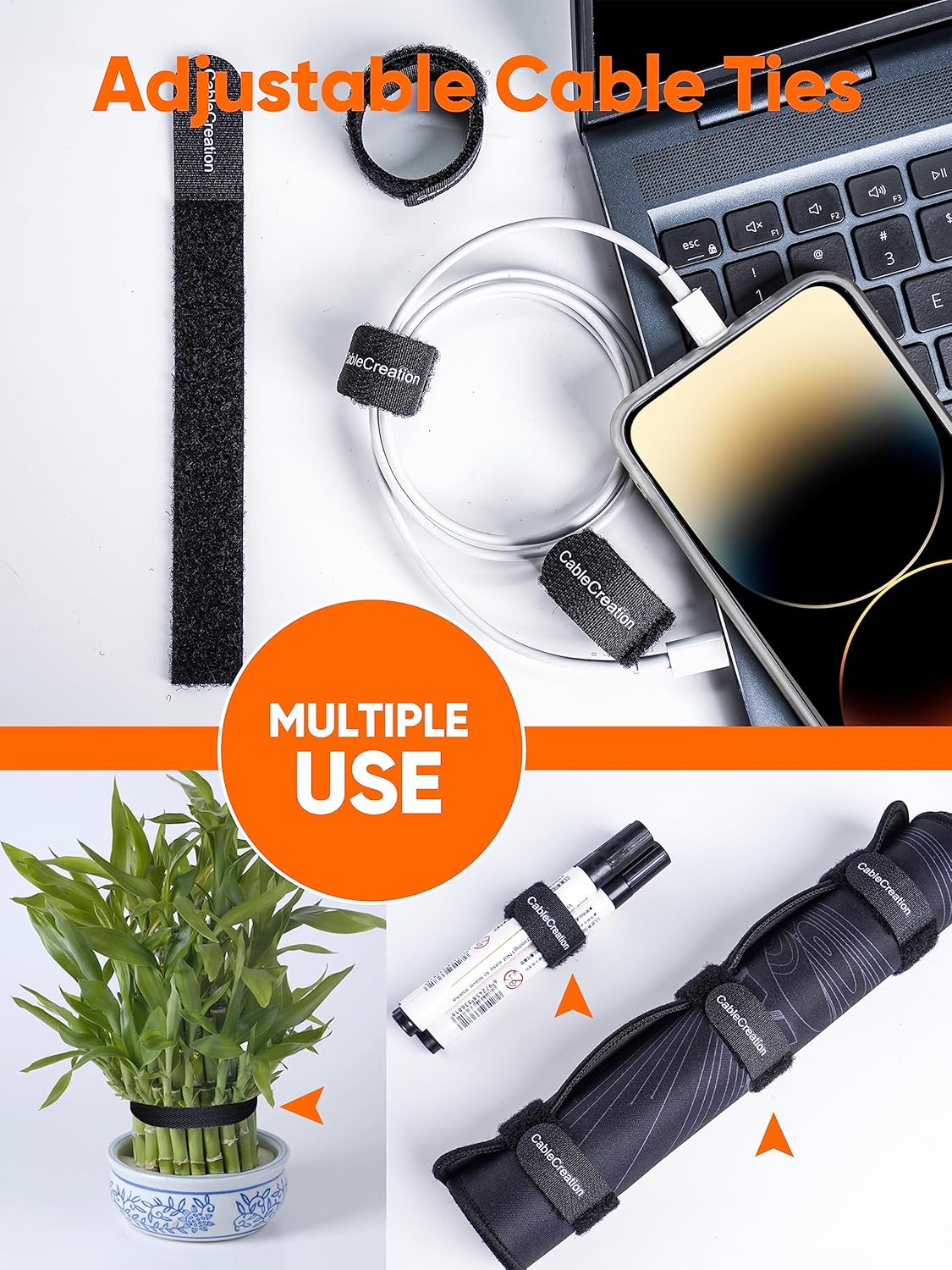 CableCreation Cable Ties 7 inch, 50PCS Reusable Fastening Organizer Cord/Tie Wrap, Nylon Adjustable Cable Management, 7 × 0.8 inch/Black