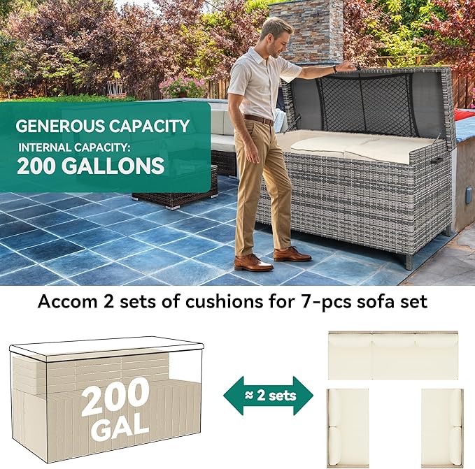 YITAHOME 200 Gallon Large Wicker Deck Box w/Storage Net, Rattan XL Outdoor Storage Box Patio Cushion Storage, Patio Storage Box for Garden Tools, Pool Sports Equipment (Grey)