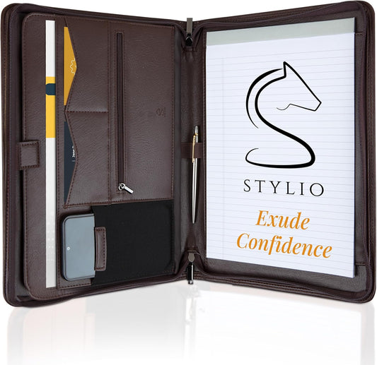 STYLIO Zipper Padfolio Portfolio Binder Organizer (Walnut Color) | Faux Leather Portfolio for Resume, Documents, Phone, Tablet, Business Supplies and Cards | Letter Sized Notepad Included | Brown