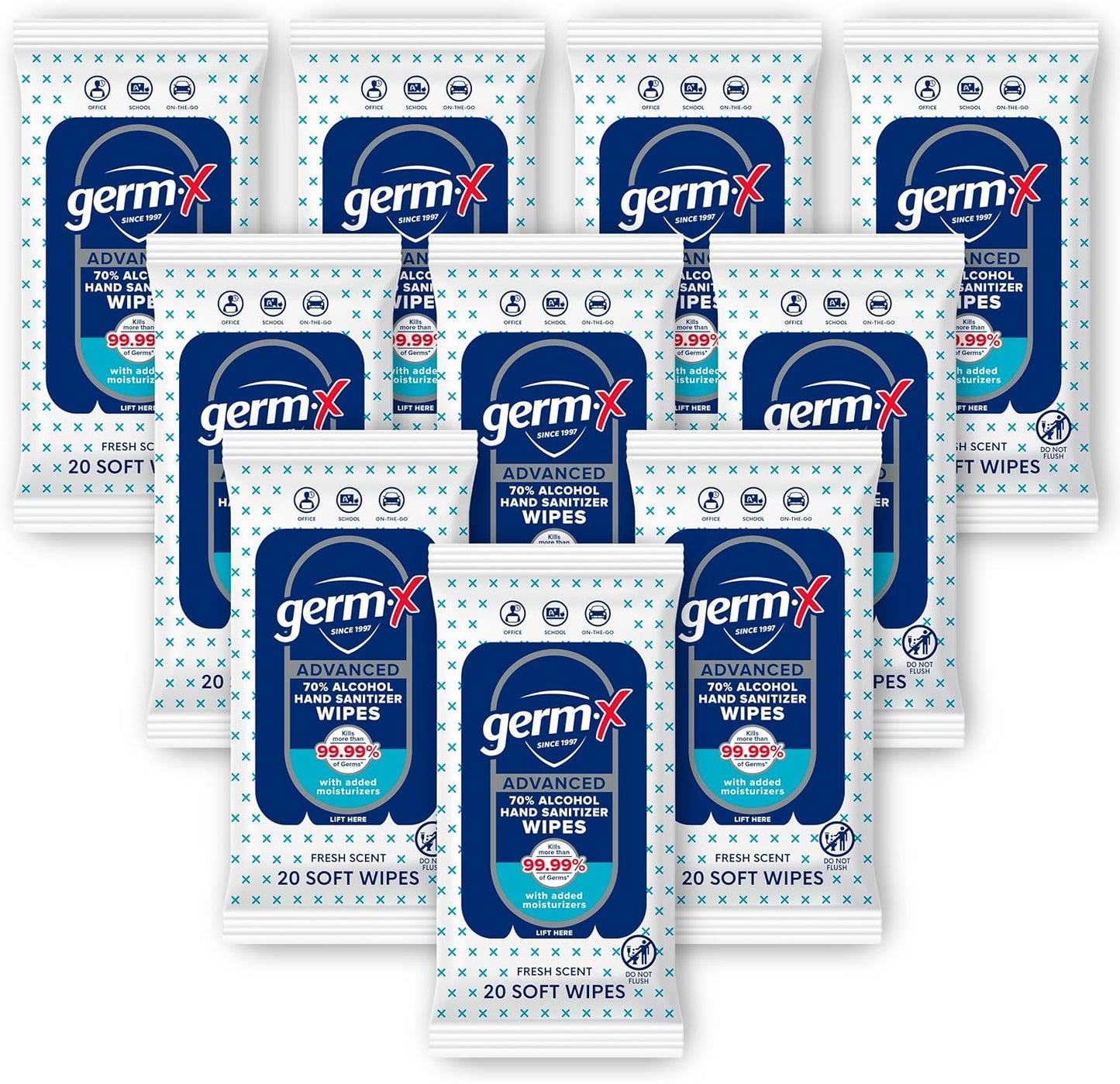 Germ-X Advanced Single-Use Hand Sanitizer Wipes, 20 Soft Wipes, Non-Drying Hand Sanitizer, Instant No Rinse Formula, Back to School Supplies, 70% Alcohol-Based Moisturizing Hand Sanitizer (Pack of 10)