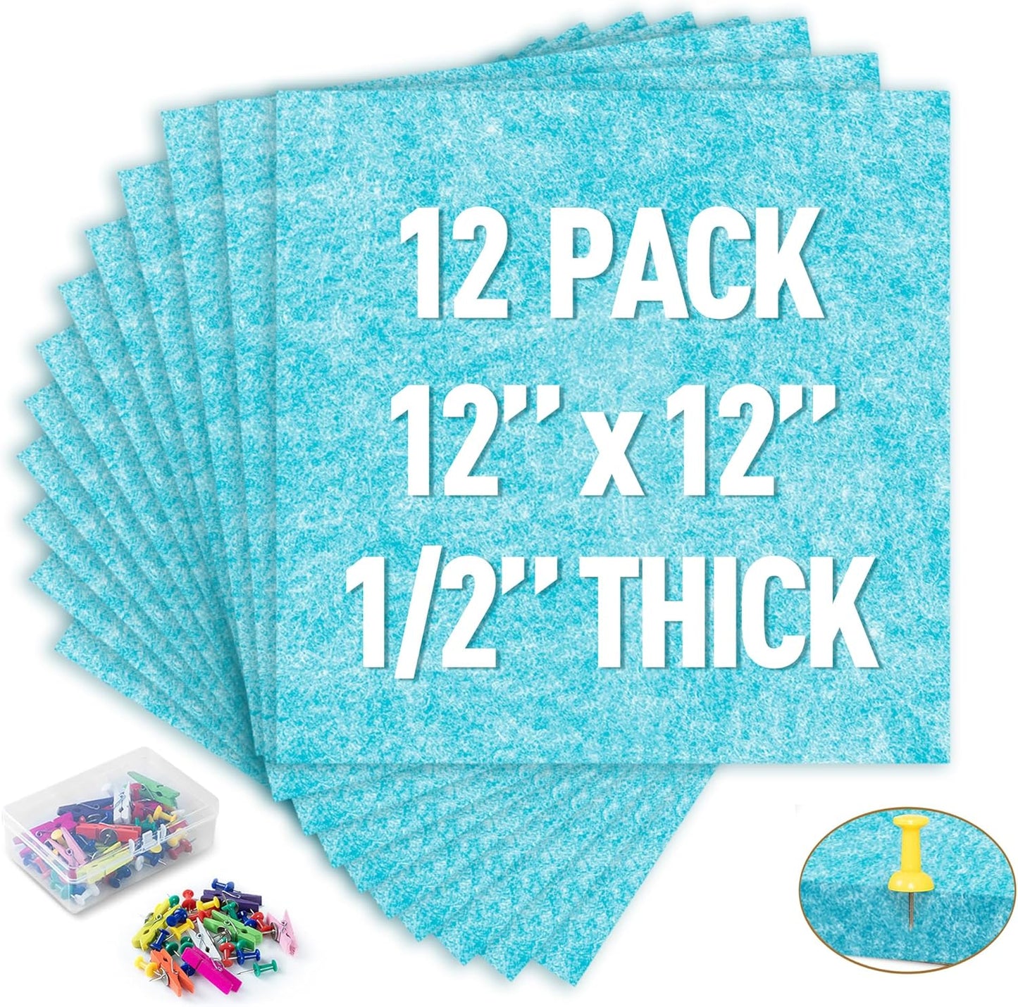 AKTOP Cork Bulletin Board 12x12, 1/2" Thick Felt Cork Board Tiles 12 Pack, Small Square Pin Board for Wall, Self Adhesive Corkboards with 120 Push Pin Wood Clips for School, Home & Office, Baby Blue