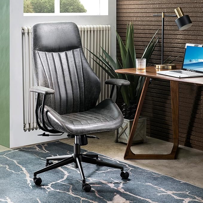 ovios Ergonomic Home Office Chair, Mid-Century Modern Faux Leather Chairs with Padded Armrests, Comfy High Back Swivel Rolling Executive Computer Armchair (Dark Grey, Suede Leather)