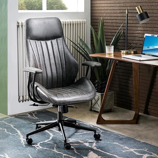 ovios Ergonomic Home Office Chair, Mid-Century Modern Faux Leather Chairs with Padded Armrests, Comfy High Back Swivel Rolling Executive Computer Armchair (Dark Grey, Suede Leather)