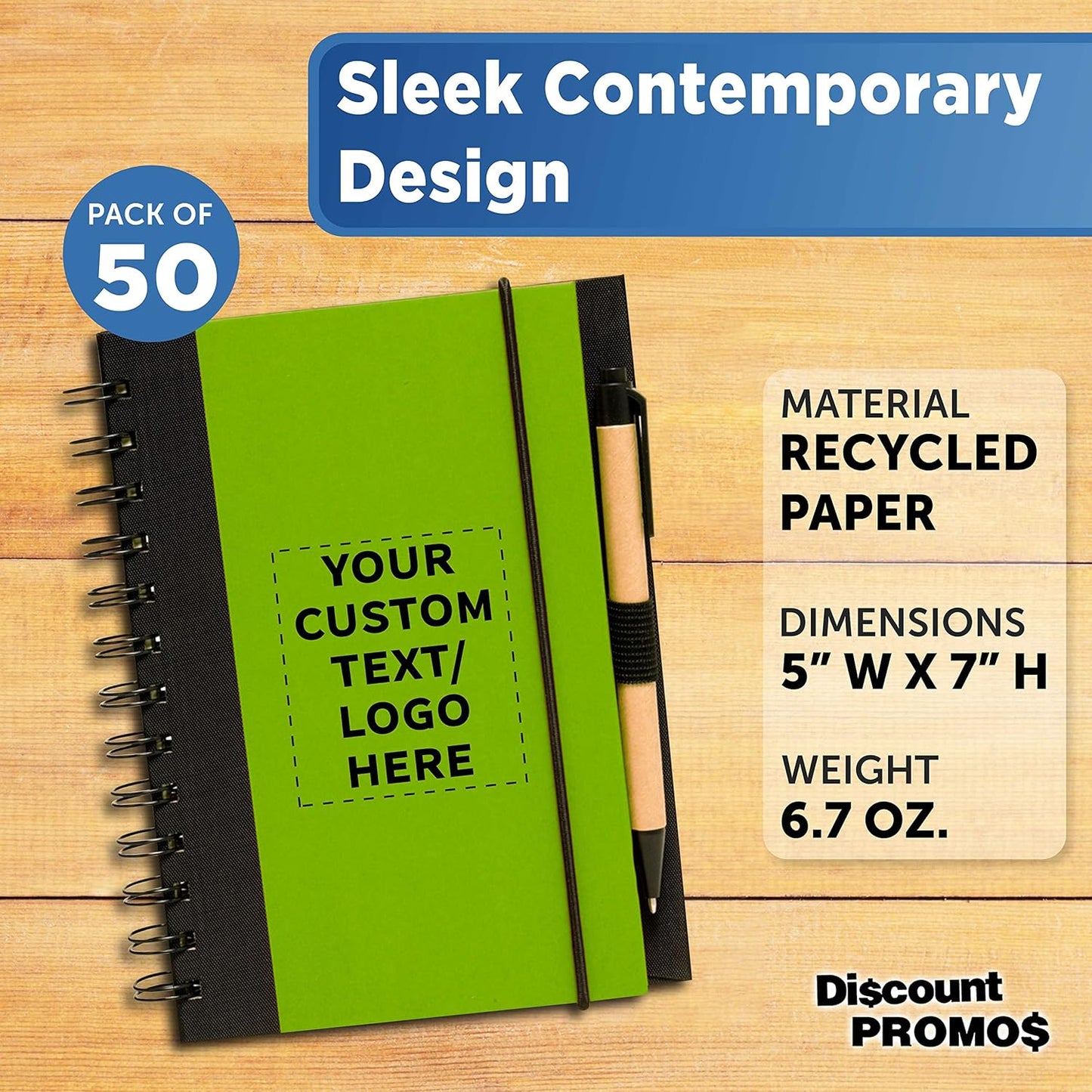 DISCOUNT PROMOS Custom Eco Block Notebooks with Pens Set of 50, Personalized Bulk Pack - Perfect for School, Office, Business, Home - Lime Green