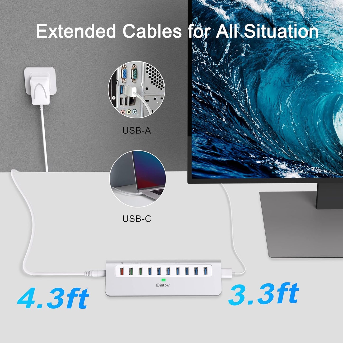 Powered USB Hub 10Gbps, 10 Port USB 3.1 Gen 2 Hub with 7 USB 3.1 Data Ports, 3 Fast Charging Ports, 36W Power Adapter, Type A and Type C Cable, Aluminum USB Data Hub for Mac, PC, Laptop