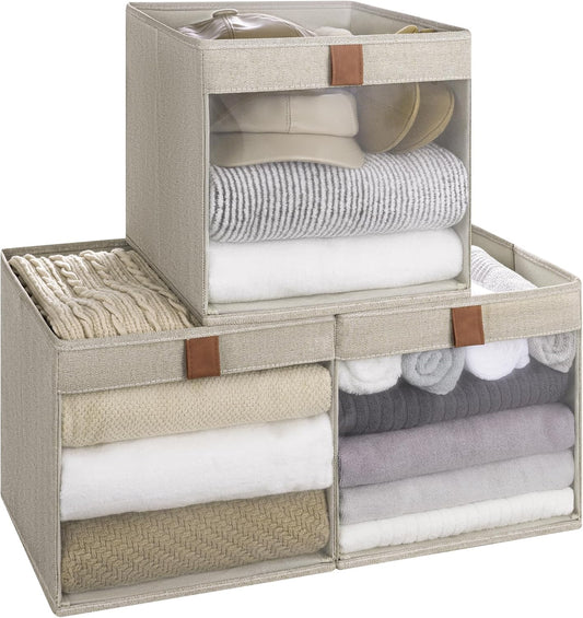 StorageWorks 11x11 Storage Cubes, Closet Storage Bins with Clear Window, Fabric Organizer for Clothes, Collapsible Storage Baskets with PU Handles, Brown and Beige, 3-Pack