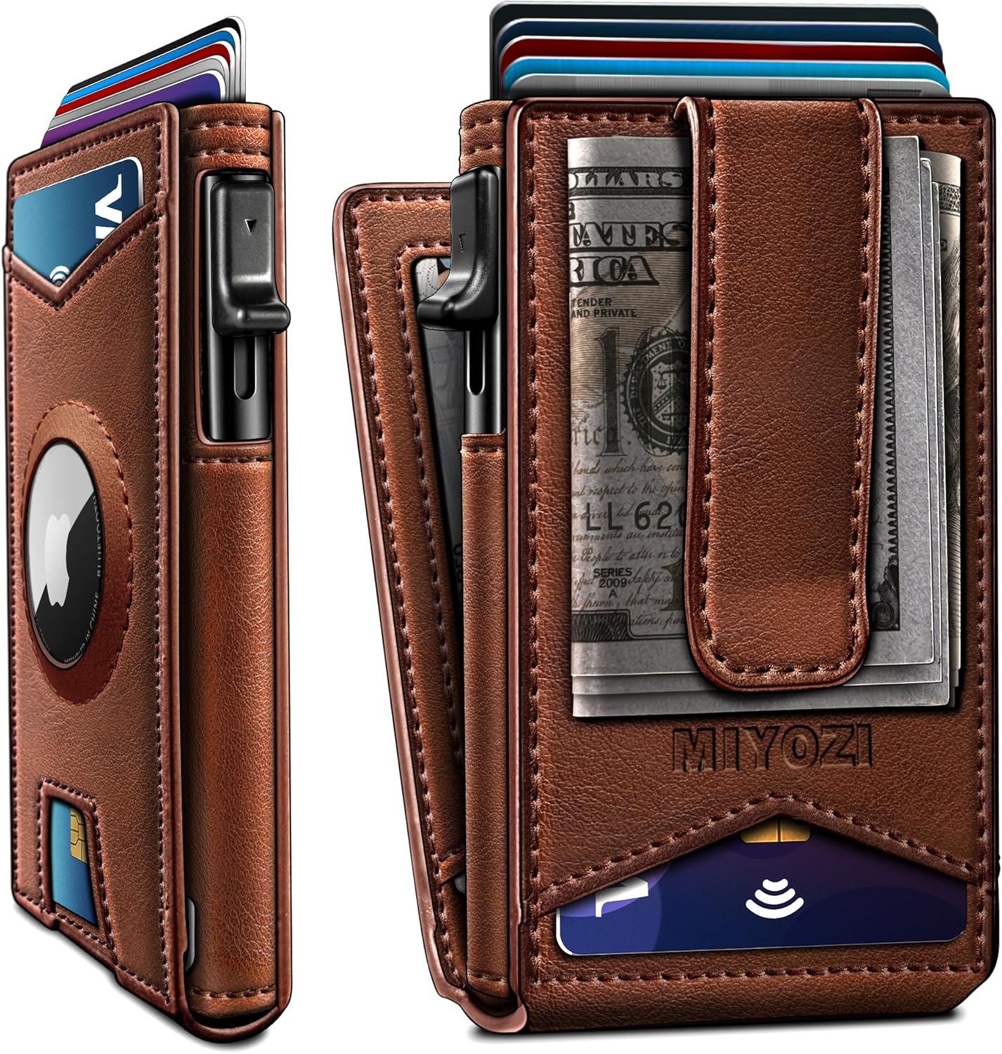 Airtag Wallet for Men,with Money Clip Gift Boxed,Slim Front Pocket Wallet RFID Blocking Metal Case Smart Pop-up Credit Card Holder in Magnetic Leather Flip