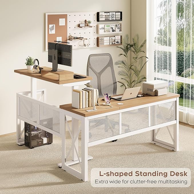 Yechen L Shape Standing Desk, Electric Corner Desk Height Adjustable, 61x60 Computer Desk with 4-in-1 Outlet, for Work Home Office, Livestreaming, Gaming, Natural Oak