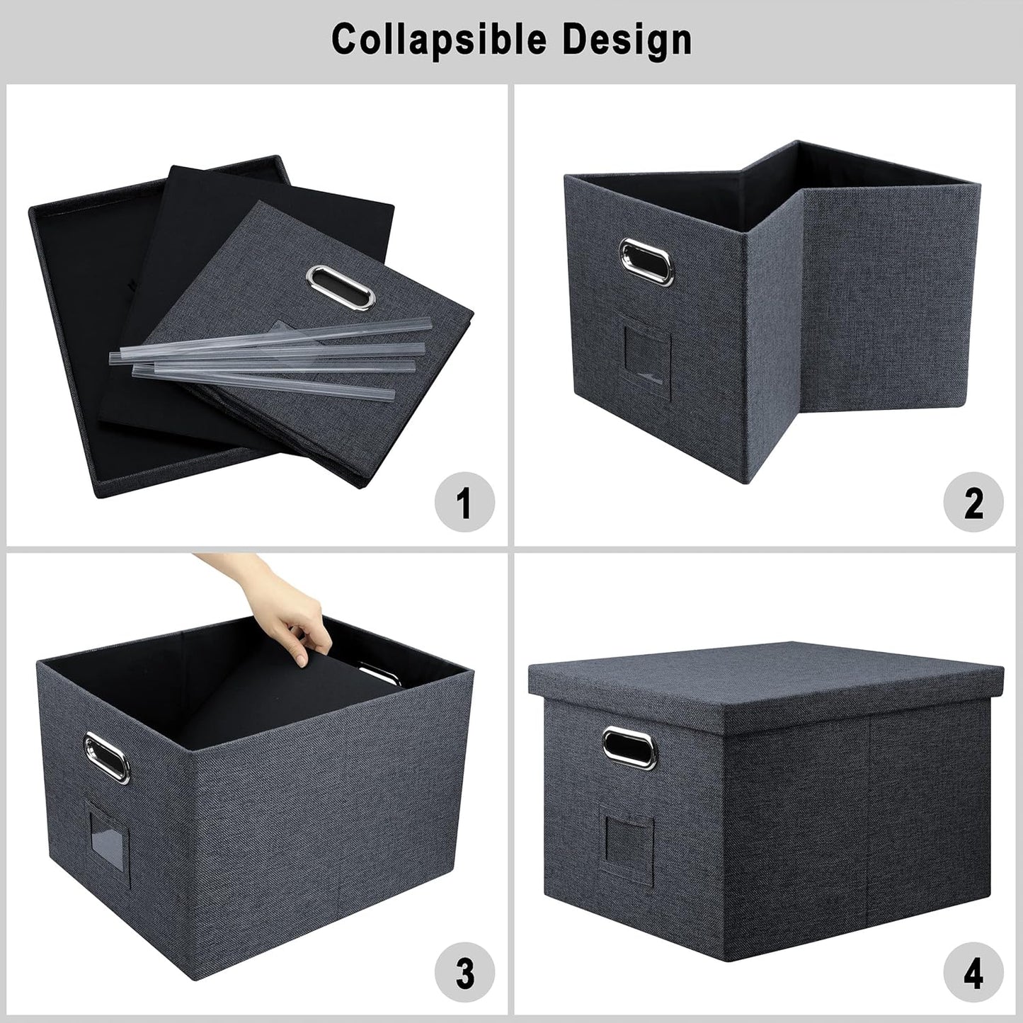 File Organizer, Collapsible Storage Filling Box with Lid for Letter Legal Size Hanging Folders Decorative Linen File Folder Box Document Storage Filing Bin, Dark Gray 2 Pack