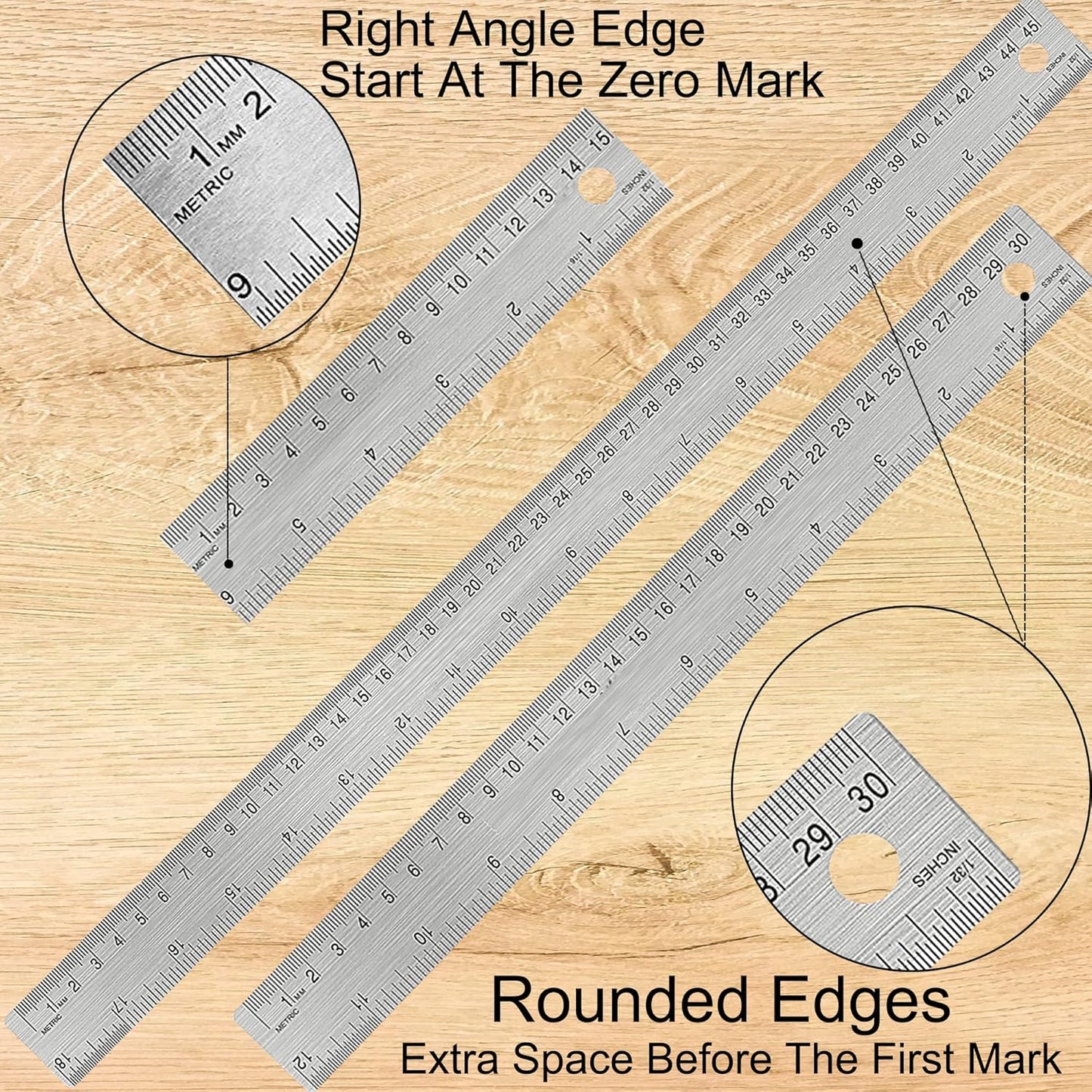 Metal Ruler with Cork Backing, 12 Inch & 18 Inch Stainless Steel Rulers, Non-Slip Straight Edge Measuring Tools with Inch and Centimeter Markings for School, Office, Woodworking