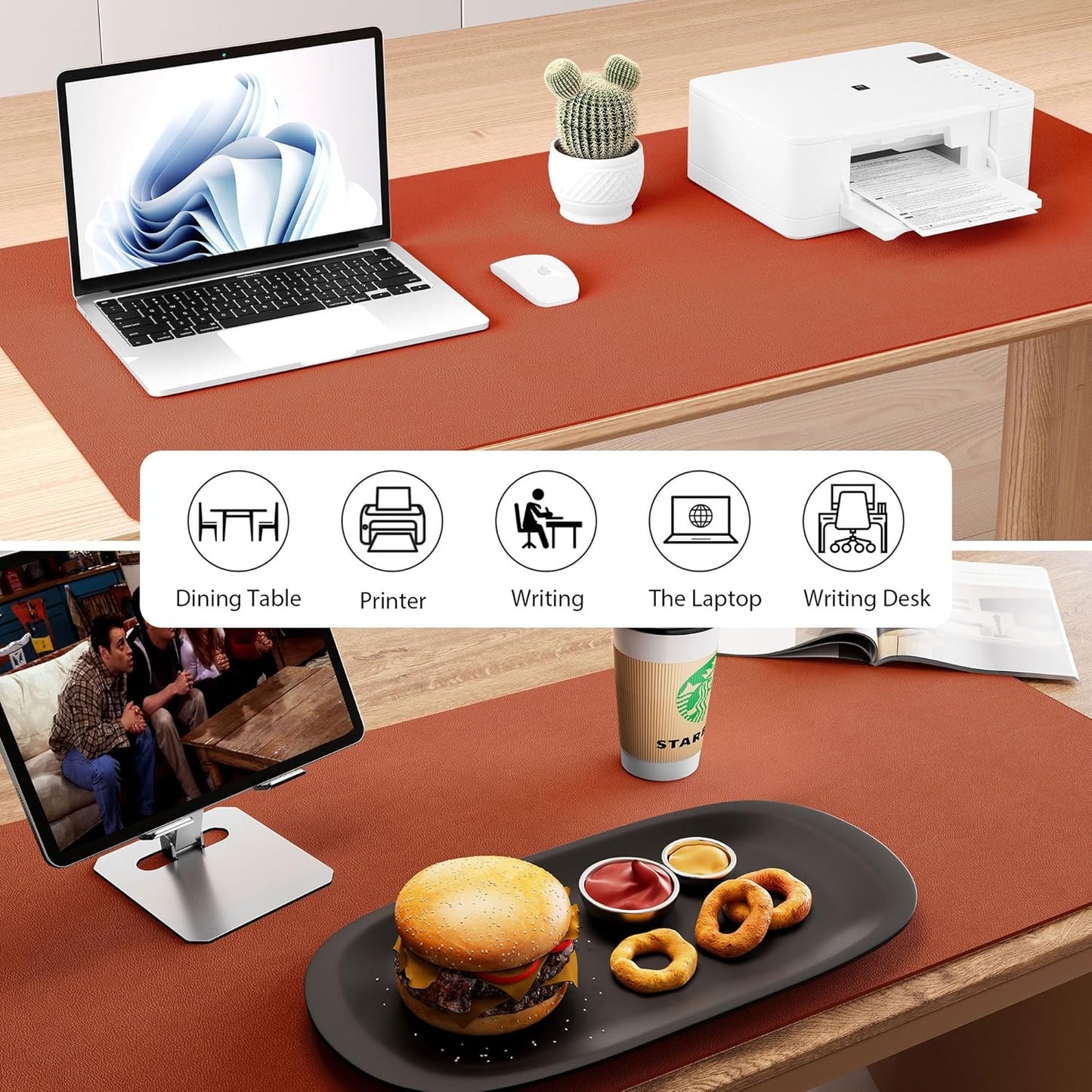 Aothia Dual-Sided Desk Pad - Leather Desk Mat, Natural Cork Desk Pad Protector, Large Mouse Pad for Desk, Waterproof Desk Blotter Pad, Desk Writing Pad for Office Work/Home, Maple Brown (25.6"x13.7")