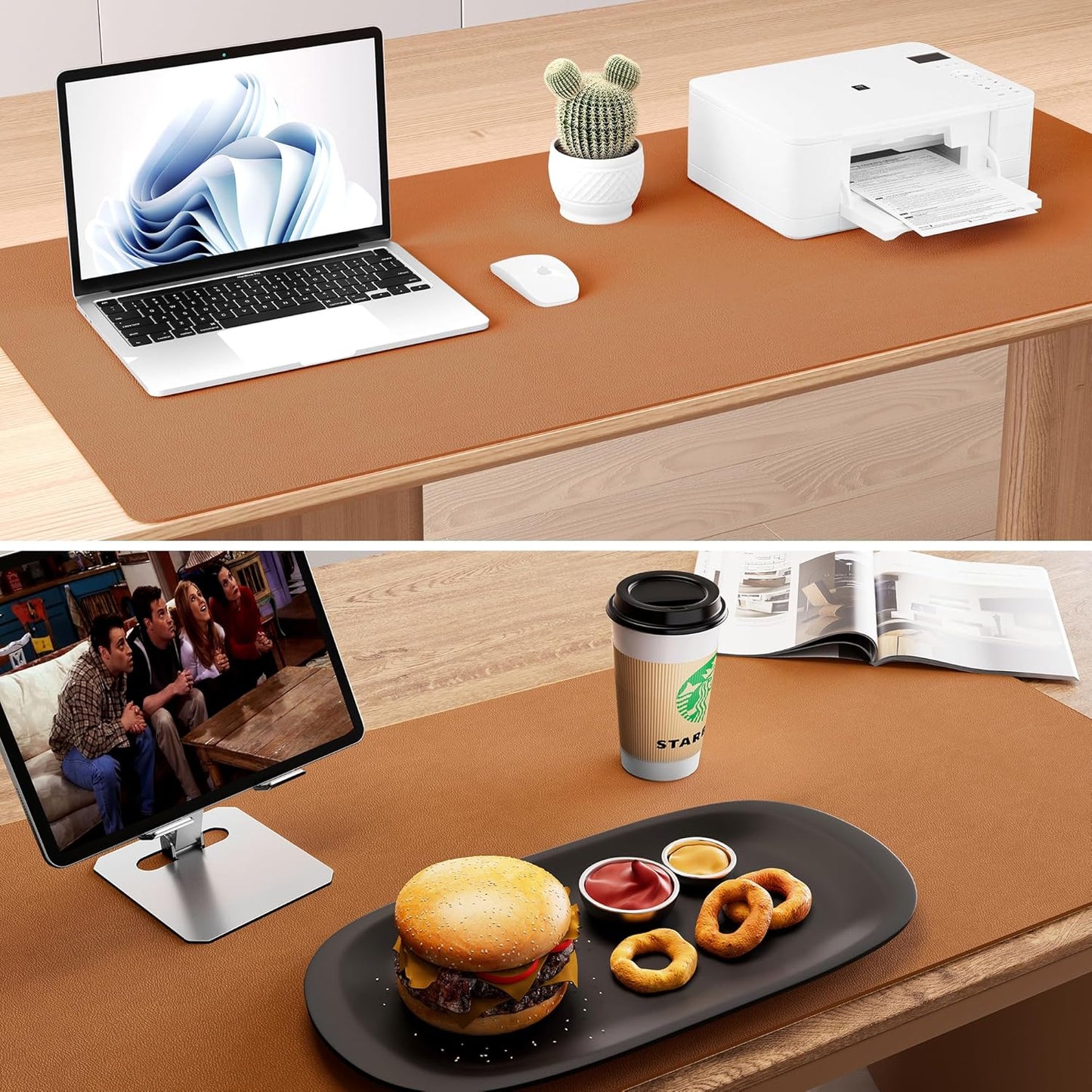 Aothia Double-Sided Desk Pad, 37.8"x17" Leather Desk Mat, Eco Cork Desk Pad Protector,Large Mouse Pad,Waterproof Desk Blotter for Office/Home(Brown)