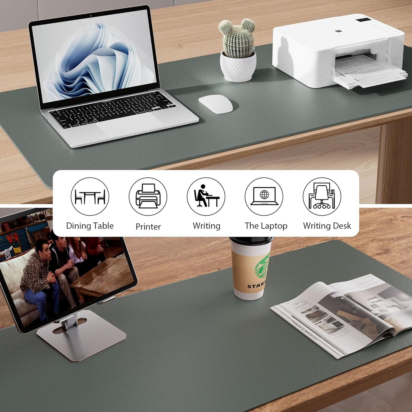 Aothia Leather Desk Pad Protector, Office Desk Mat, Large Mouse Pad, Non-Slip PU Leather Desk Blotter, Laptop Desk Pad, Waterproof Desk Writing Pad for Office and Home (48"x17", Jungle Green)